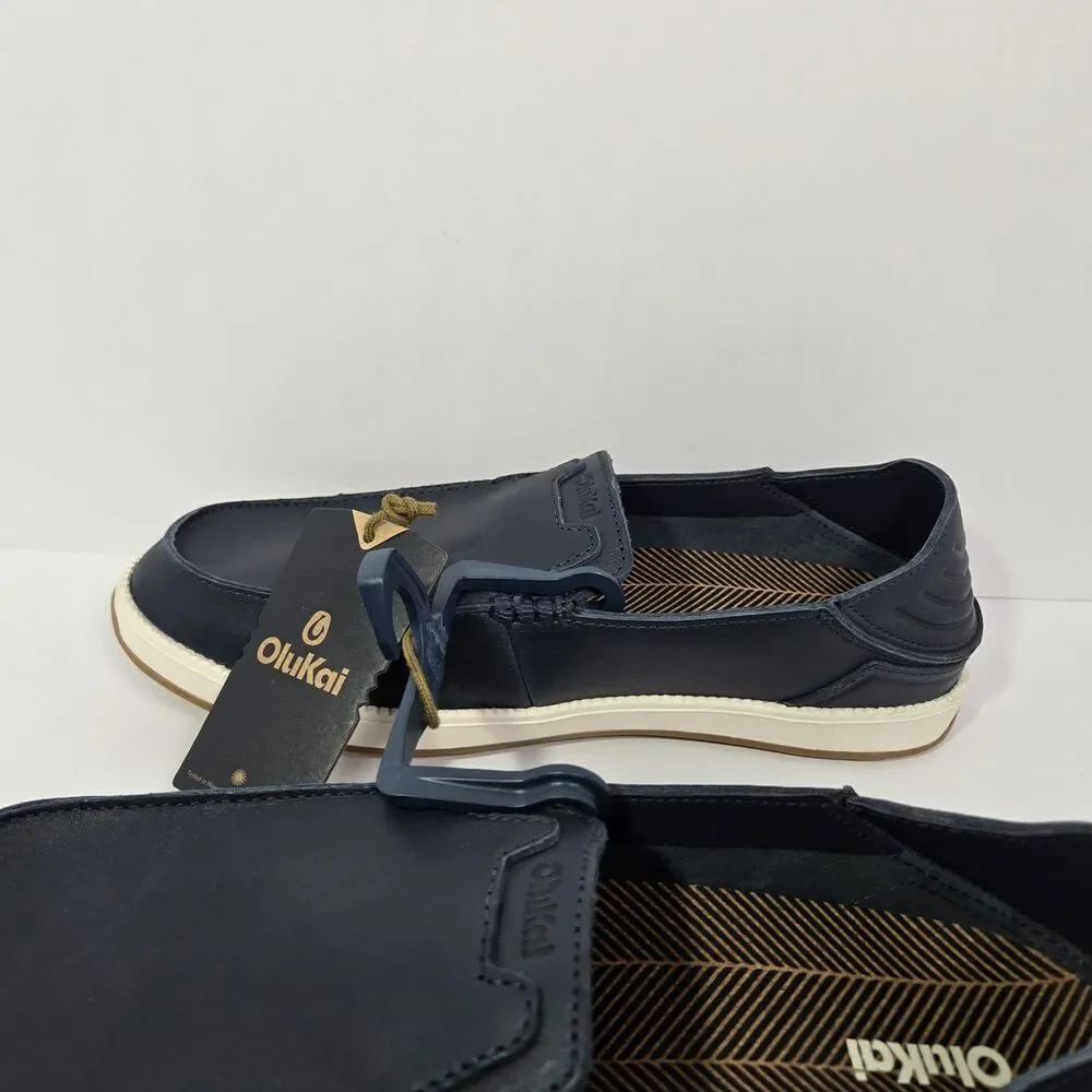 $140 Olukai Kākaha Nia Mens 12 Leather Slip On Shoes Loafer Casual Indigo Blue